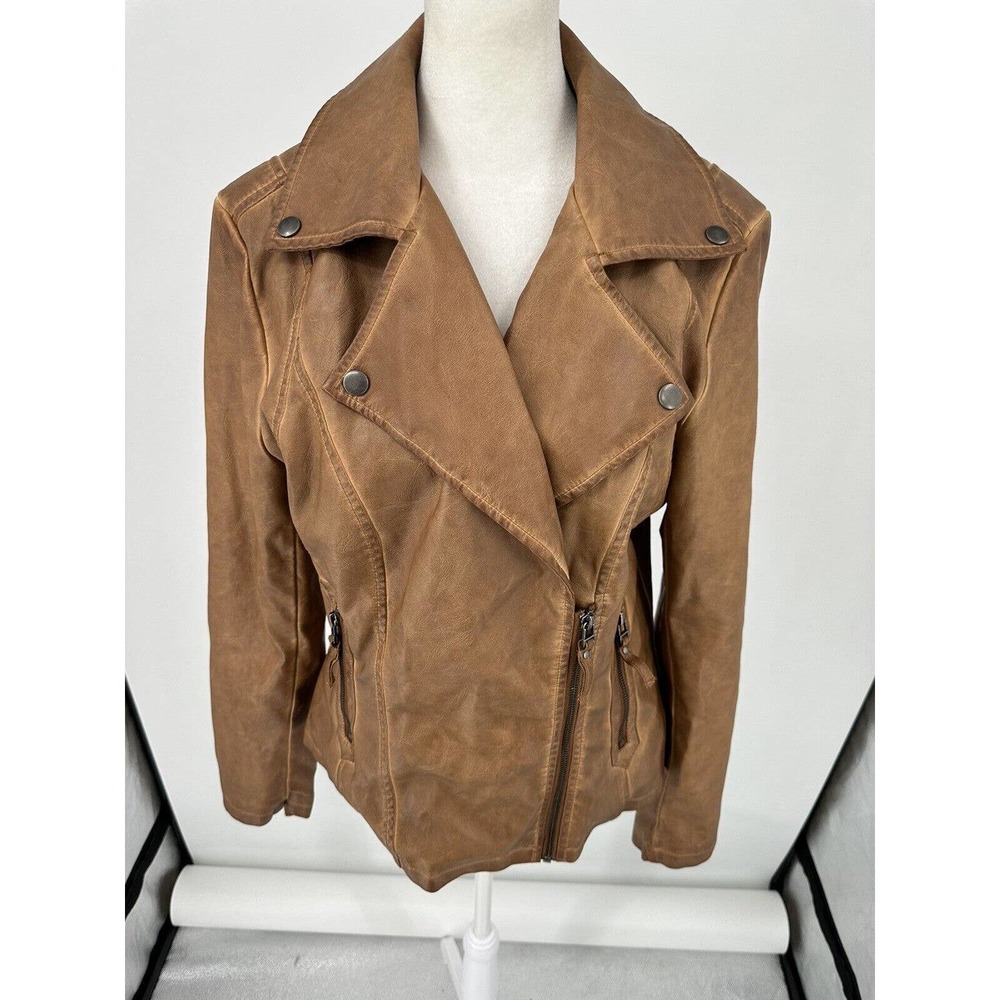 Max Studio Camel “Faux” Leather Moto Jacket with Notched Lapel